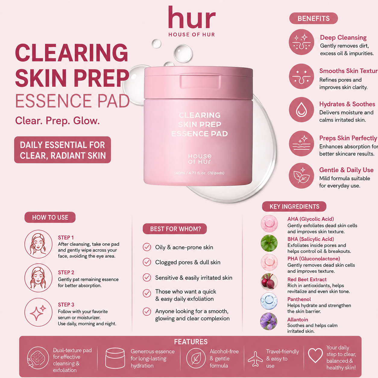 House of Hur Clearing Skin Prep Essence Pad 70pads